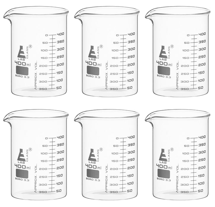 6PK Beakers, 400ml - ASTM - Low Form, Dual Scale Graduations - Borosilicate Glass