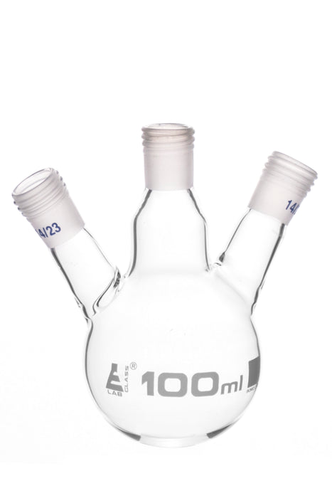 Distillation Flask with 3 Necks, 100ml Capacity, 14/23 Joint Size, Interchangeable Screw Thread Joints, Borosilicate Glass - Eisco Labs