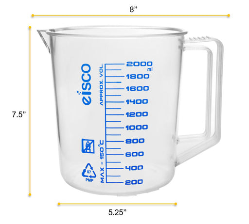 Measuring Jug, 2000ml - TPX Plastic - Printed Graduations - Chemical Resistant, Autoclavable - Short Form - Handle with Thumb Grip - Eisco Labs