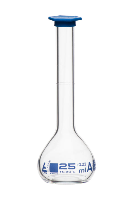 Volumetric Flask, 25ml - Class A, ASTM - Snap Cap - Blue Graduation Mark, Tolerance ±0.030ml - Borosilicate Glass - Eisco Labs