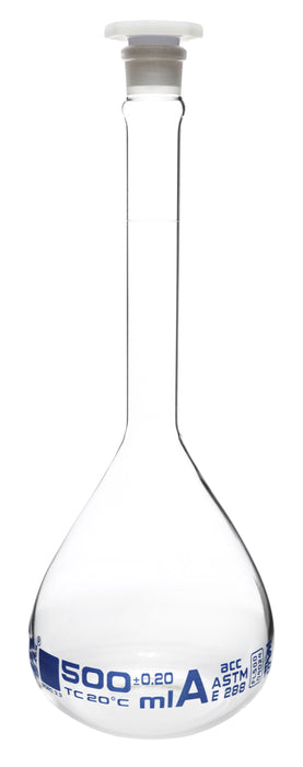Volumetric Flask, 500ml - ASTM, Class A - Tolerance ±0.20ml - Interchangeable, Size 19 Polypropylene Stopper - Single, White Graduation - Borosilicate Glass - Eisco Labs