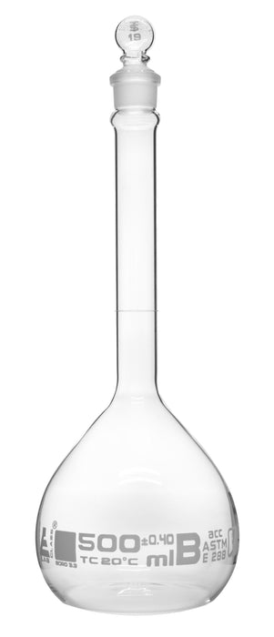 Volumetric Flask, 500ml - Class B, ASTM - Tolerance ±0.400 ml - Glass Stopper -  Single, White Graduation - Eisco Labs