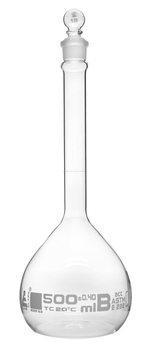 Volumetric Flask, 500ml - Class B, ASTM - Tolerance ±0.400 ml - Glass Stopper -  Single, White Graduation - Eisco Labs