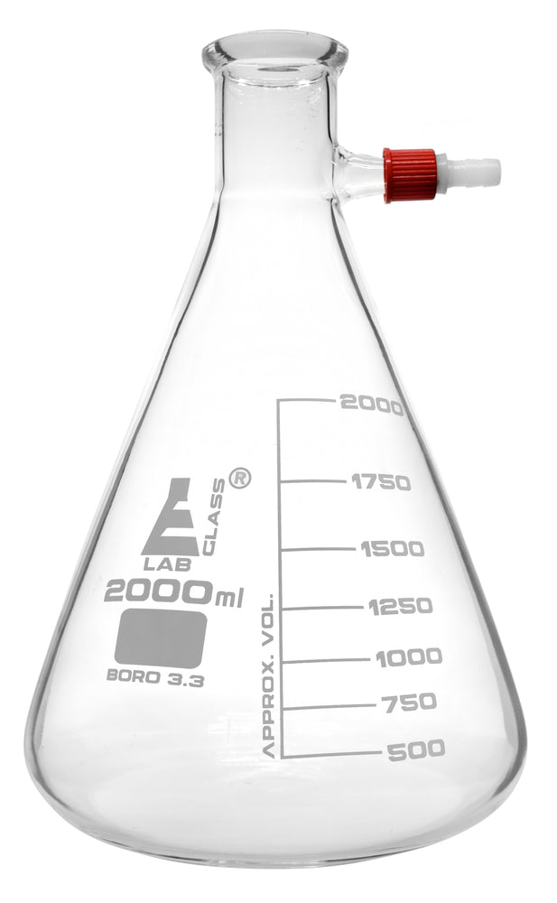 Filtering Flask, 2000ml - Borosilicate Glass - Conical Shape, with Integral Plastic Side Arm - White Graduations - Eisco Labs