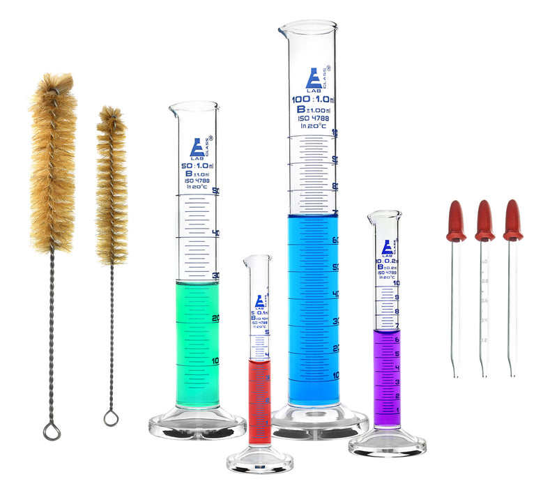 Safety Pack Measuring Cylinder Set with 3 Droppers & 2 Cleaning Brushes - 5ml, 10ml, 50ml & 100ml - Class B