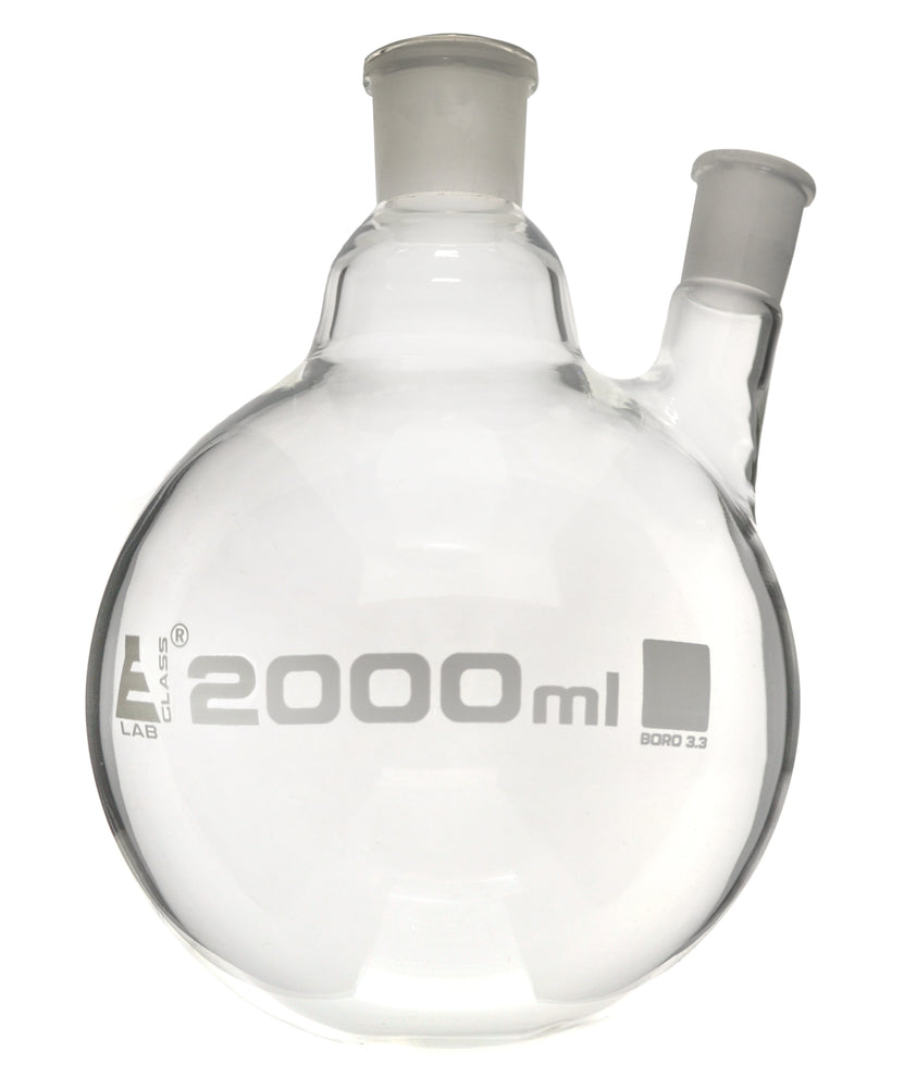 Distilling Flask, 2000ml - 34/35 Oblique Neck with 19/26 Joint - Borosilicate Glass - Round Bottom - Eisco Labs