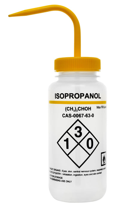 500ml Capacity Labelled Wash Bottle for Isopropanol - Color Coded Yellow - Self Venting, Low Density Polyethylene (Discontinued)