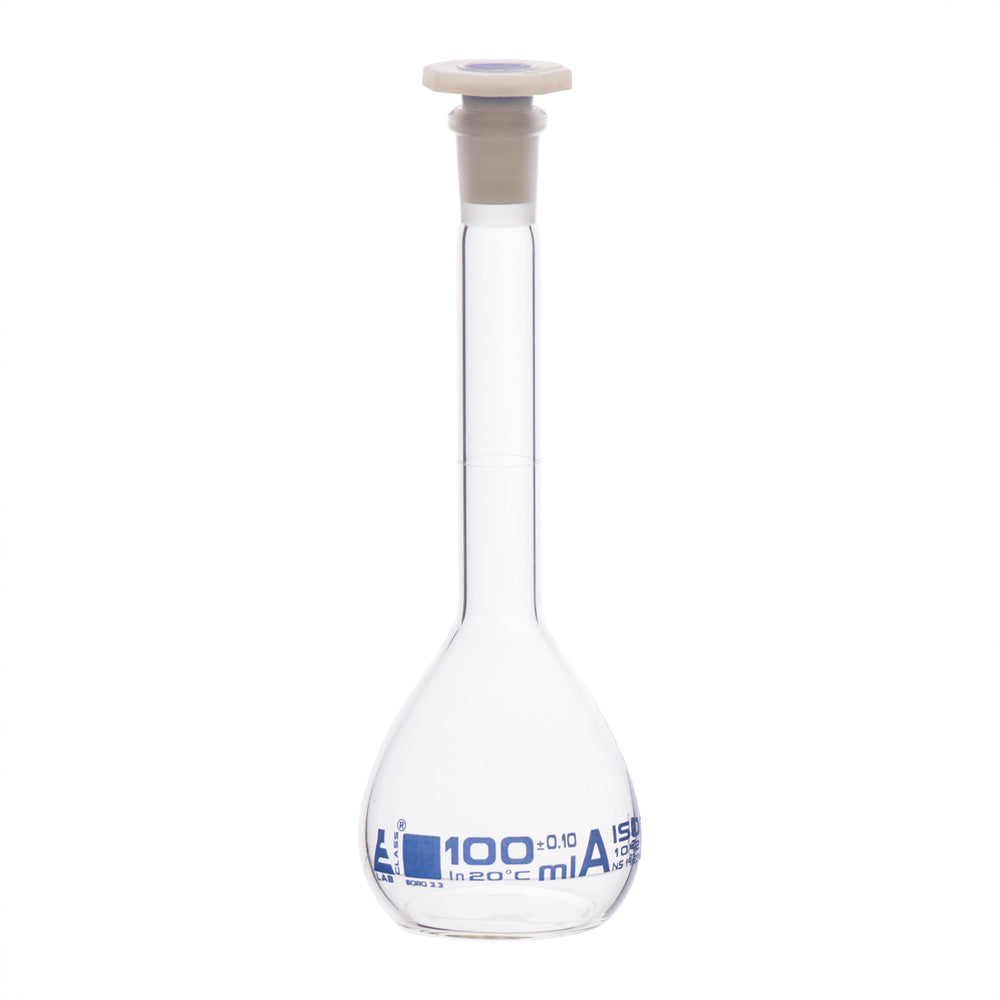 Volumetric Flask, 100ml - Class A - 14/23 Polyethylene Stopper, Borosilicate Glass - Blue Graduation, Tolerance ±0.100 - Eisco Labs