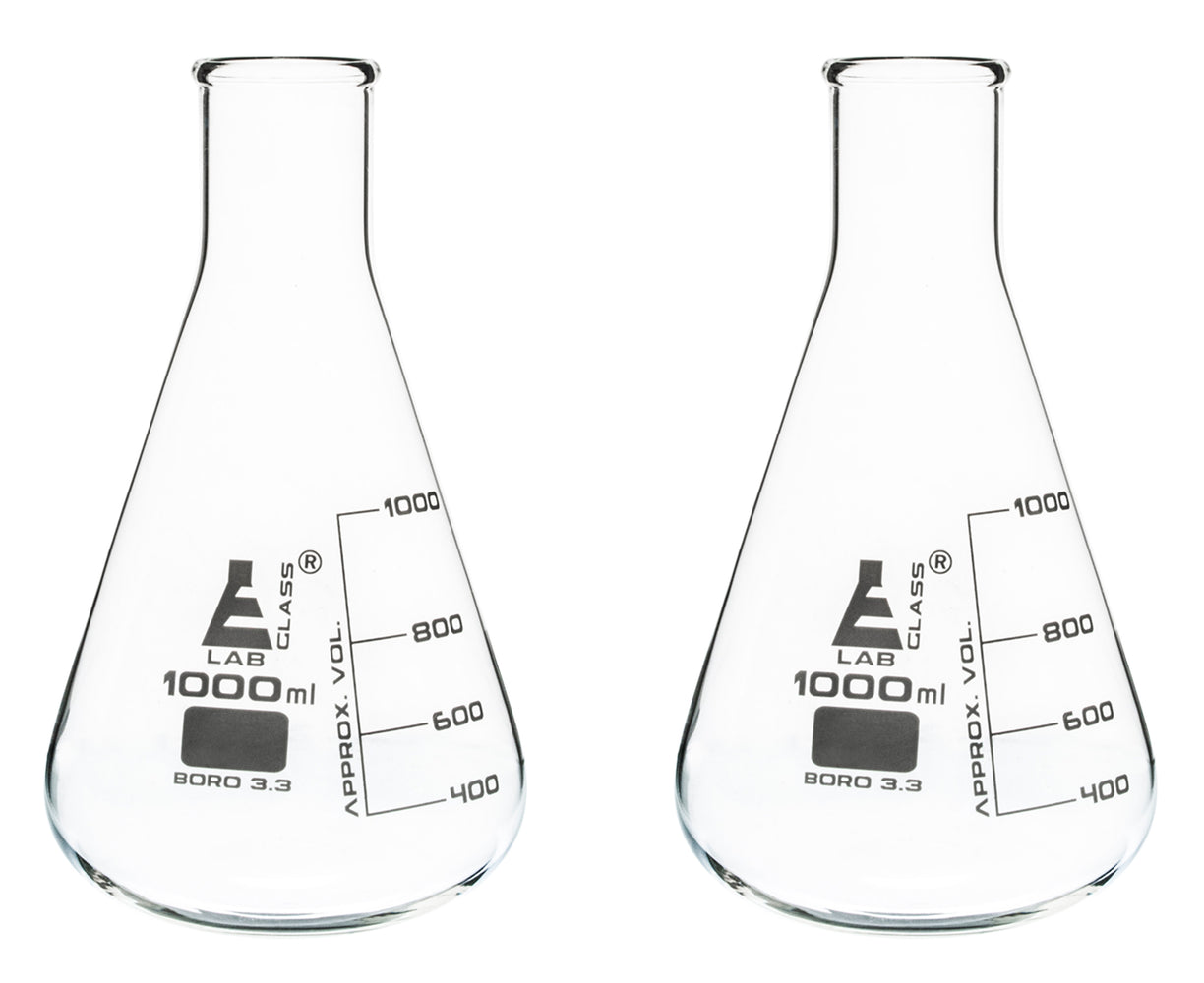 2PK Erlenmeyer Flasks, 1000mL - Narrow Neck - Borosilicate Glass