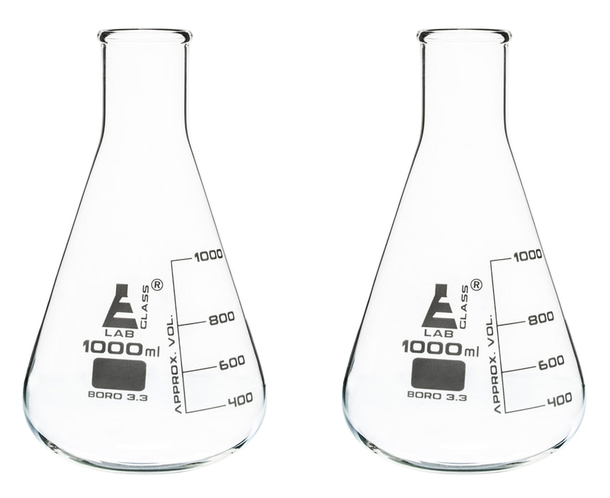 2PK Erlenmeyer Flasks, 1000mL - Narrow Neck - Borosilicate Glass