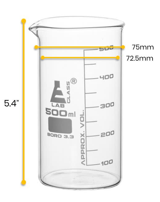 Beaker, 500ml - Tall Form - White Graduations - Borosilicate Glass