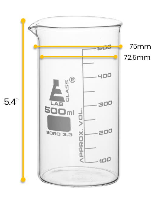 6PK Beakers, 500ml - Tall Form - White Graduations - Borosilicate Glass