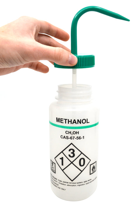 500ml Capacity Labelled Wash Bottle for Methanol - Color Coded Green - Self Venting, Low Density Polyethylene (Discontinued)