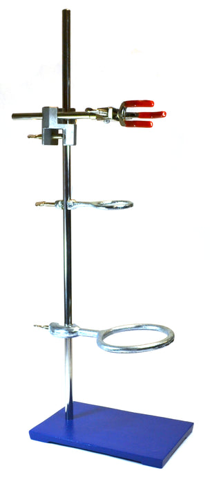 6 Piece Set - Rectangular Retort Stand, Rod, Clamp & Ring Set - 10"x9" Steel Base, 23.6" Stainless Steel Rod, 2 Steel Support Rings, 3-Pronged Dual Adjusting Clamp - Eisco Labs