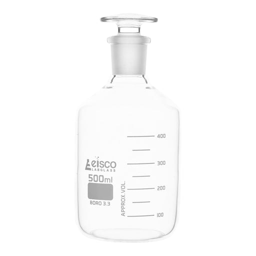 Reagent Bottle, 500mL - Graduated - Narrow Mouth with Solid Glass Stopper - Borosilicate Glass