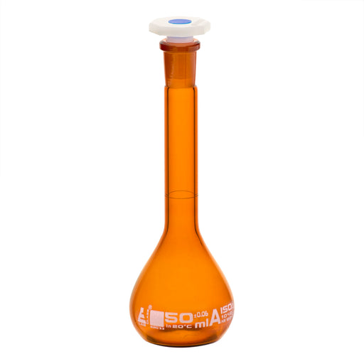Volumetric Flask, 50ml - Class A Tolerance ±0.06ml - 12/21 Polypropylene Stopper - Single Graduation Mark - Amber Color Borosilicate Glass - Eisco Labs