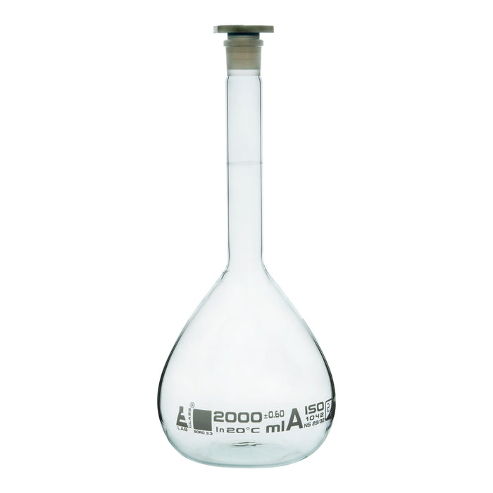 Volumetric Flask, 2000ml - Class A - 29/32 Polyethylene Stopper, Borosilicate Glass - Blue Graduation, Tolerance ±0.600 - Eisco Labs