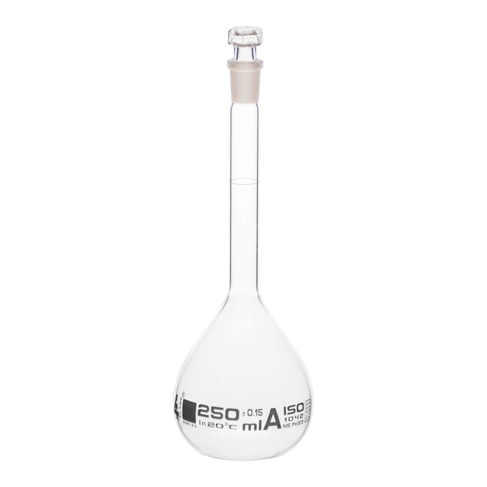 Volumetric Flask, 250ml - Class A - Hexagonal, Hollow Glass Stopper - Single, White Graduation - Eisco Labs