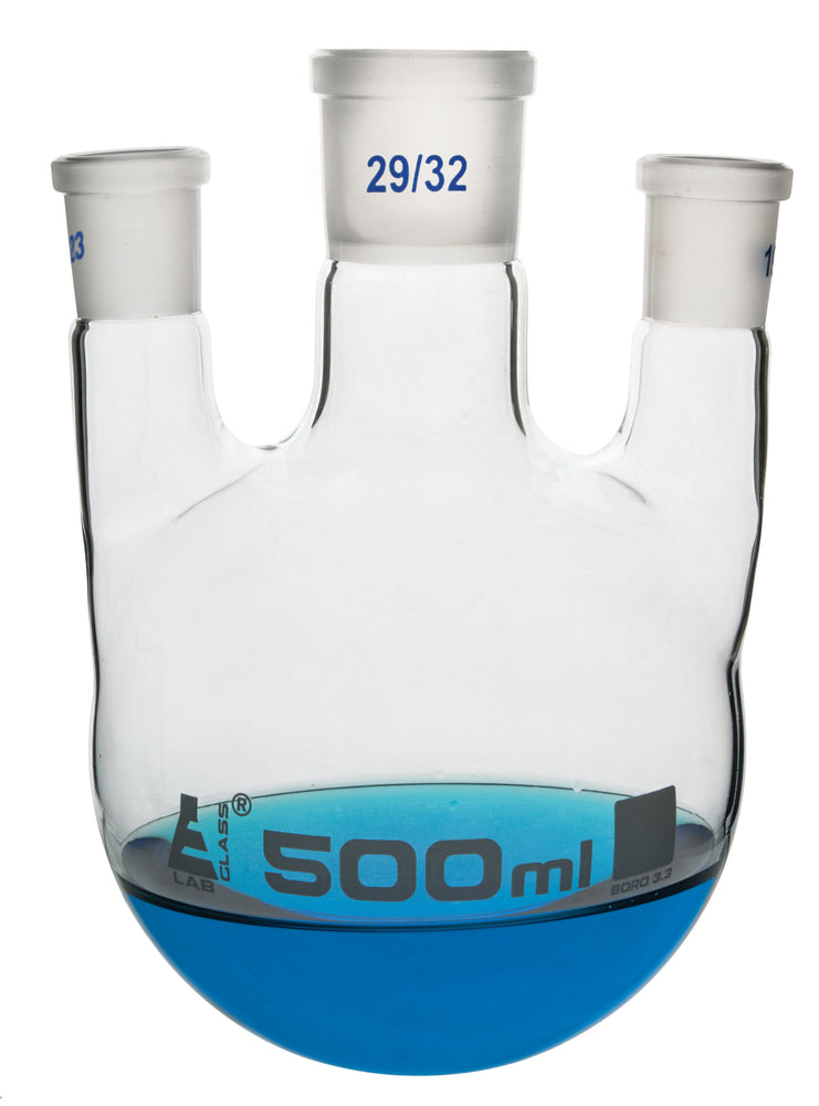 Distilling Flask, 500ml - 3 Parallel Necks, 29/32 Center, 14/23 Side Sockets - Interchangeable Ground Joints - Round Bottom - Borosilicate Glass - Eisco Labs