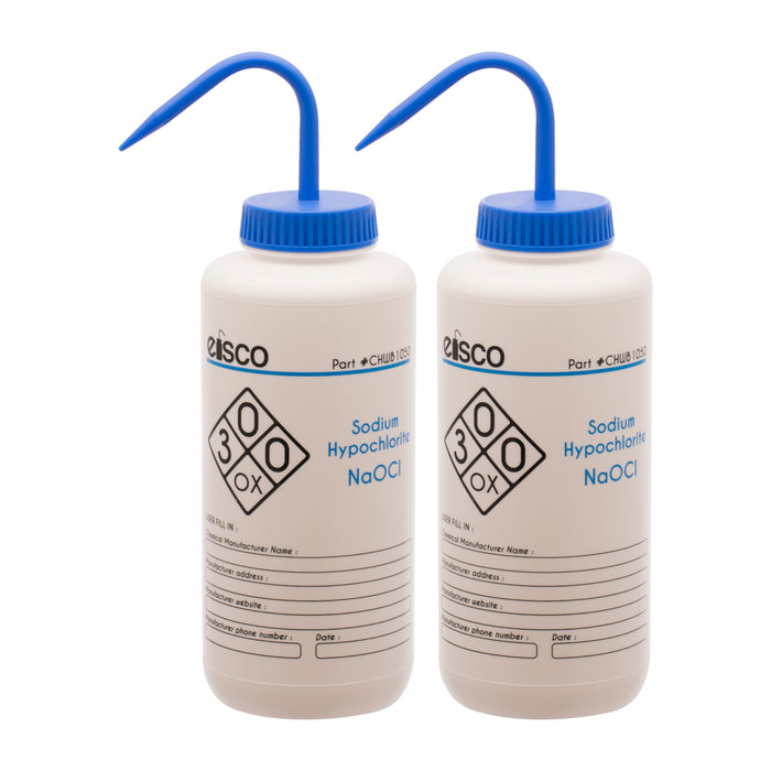 2PK Performance Plastic Wash Bottle,  Sodium Hypochlorite (Bleach), 1000 ml - Labeled (2 Color)