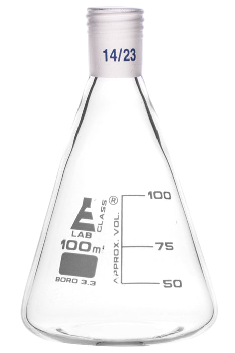 Erlenmeyer Flask with 14/23 Joint, 100ml Capacity, 25ml Graduations, Interchangeable Screw Thread Joint, Borosilicate Glass - Eisco Labs