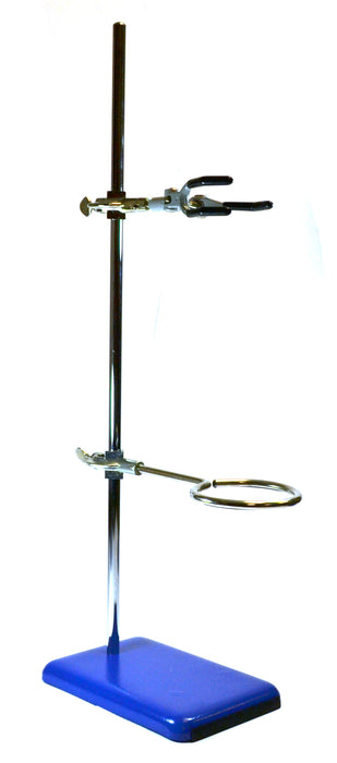 4 Piece Set - Rectangular Retort Stand, Rod, Clamp & Ring Set - 8"x5" Steel Base, 23.6" Stainless Steel Rod, 3" Steel Support Rings, 3-Pronged Coated Clamp - Eisco Labs