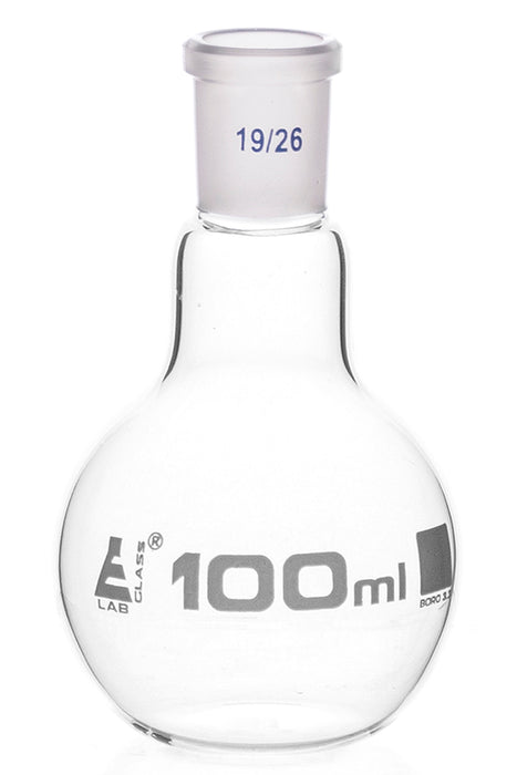 Florence Boiling Flask, 100ml - 19/26 Joint, Interchangeable - Borosilicate Glass - Flat Bottom, Short Neck - Eisco Labs