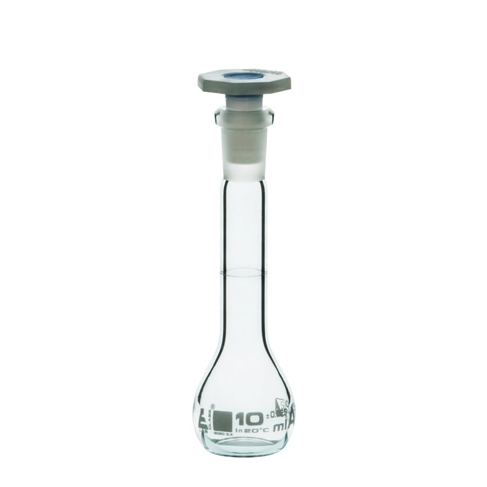 Volumetric Flask, 10ml - Class A - 10/19 Polyethylene Stopper, Borosilicate Glass - White Graduation, Tolerance ±0.025 - Eisco Labs