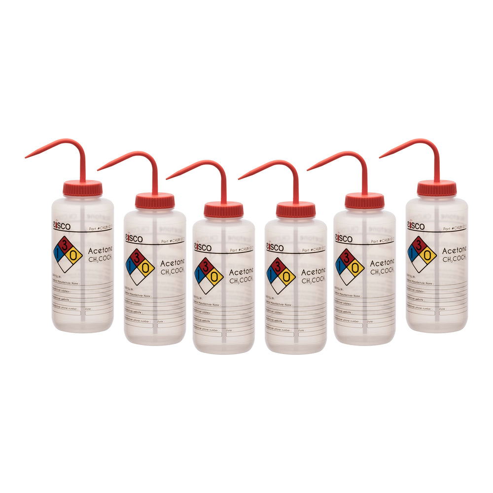 6PK Performance Plastic Wash Bottle, Acetone, 1000 ml - Labeled (4 Color)