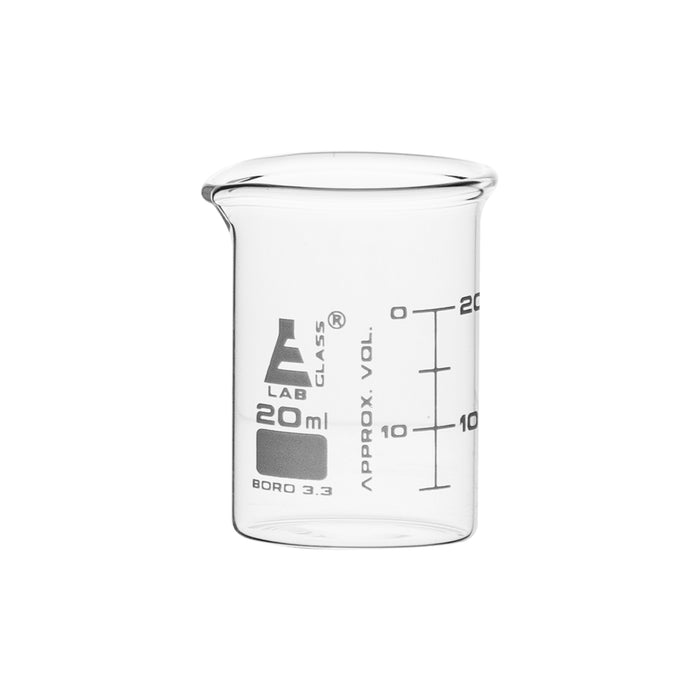 Beaker, 20mL - ASTM - Low Form with Spout - Dual Scale, White Graduations - Borosilicate Glass
