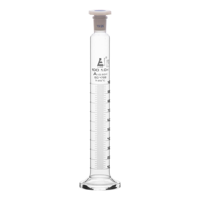 Measuring Cylinder, 100ml - Class A - 19/26 Polypropylene Stopper - Round Base, White Graduations - Borosilicate Glass - Eisco Labs