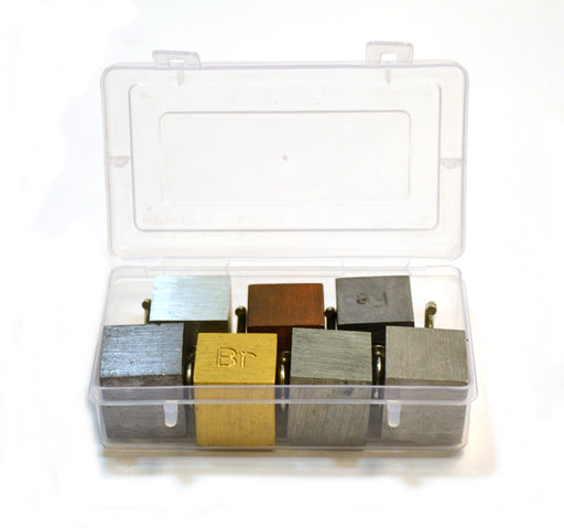 Density Cubes, Set of 7 Metals in Plastic Case with Hooks and Element Stamp, 0.8" (20mm) sides - Iron, Copper, Aluminum, Brass, Tin, Zinc, Lead - For use with Density, Specific Gravity, Specific Heat Activities - Eisco Labs