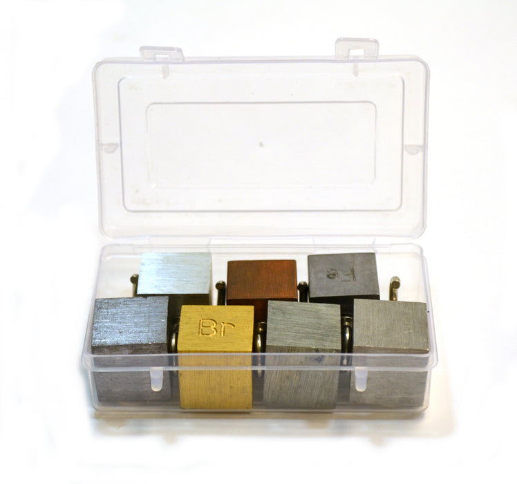 Density Cubes, Set of 7 Metals in Plastic Case with Hooks and Element —  Eisco Labs