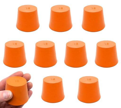 Rubber Stopper, Solid - Orange - Pack of 10 - Size: 35mm Bottom, 28mm Top, 36mm Length - Resistant to Acid, Alkali and Ammonia - Eisco Labs