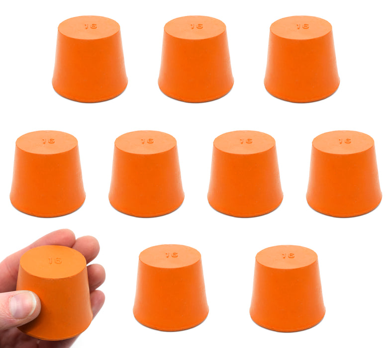 Rubber Stopper, Solid - Orange - Pack of 10 - Size: 28mm Bottom, 35mm Top, 36mm Length - Resistant to Acid, Alkali and Ammonia - Eisco Labs