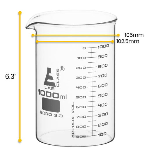 Beaker, 1000ml - ASTM - Low Form, Dual Scale Graduations - Borosilicate Glass