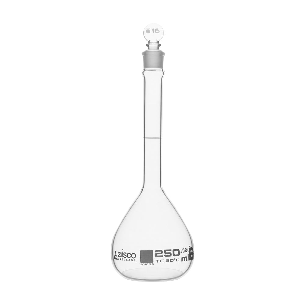 Volumetric Flask, 250ml - Class B, ASTM - Tolerance ±0.240 ml - Glass Stopper -  Single, White Graduation - Eisco Labs