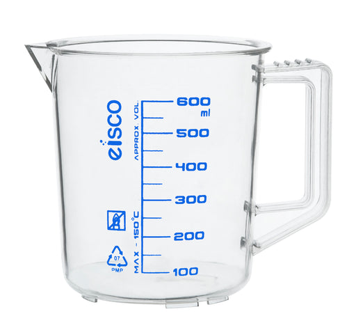 Measuring Jug, 600ml - TPX Plastic - Printed Graduations - Chemical Resistant, Autoclavable - Short Form - Handle with Thumb Grip - Eisco Labs