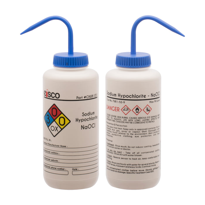 Performance Plastic Wash Bottle,  Sodium Hypochlorite (Bleach), 1000 ml - Labeled (4 Color)