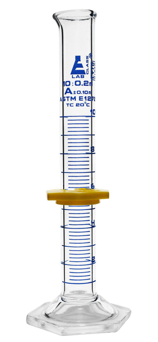 Measuring Cylinder, 10ml - ASTM, Class A Tolerance ±0.10ml - Protective Collar, Hexagonal Base - Blue Graduations - Borosilicate 3.3 Glass - Eisco Labs