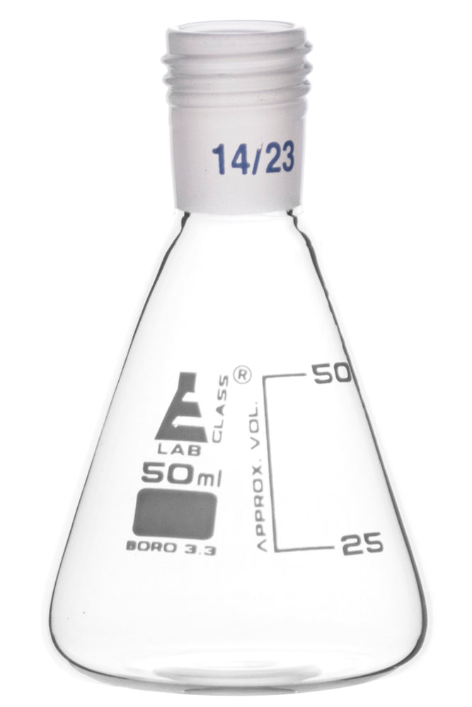 Erlenmeyer Flask with 14/23 Joint, 50ml Capacity, 25ml Graduations, Interchangeable Screw Thread Joint, Borosilicate Glass - Eisco Labs