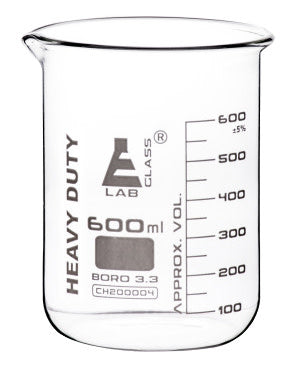 Heavy Duty Beaker, 600ml - 5mm Thick, Uniform Walls - Superior Durability & Chemical Resistance - White Graduations - Borosilicate 3.3 Glass - Eisco Labs