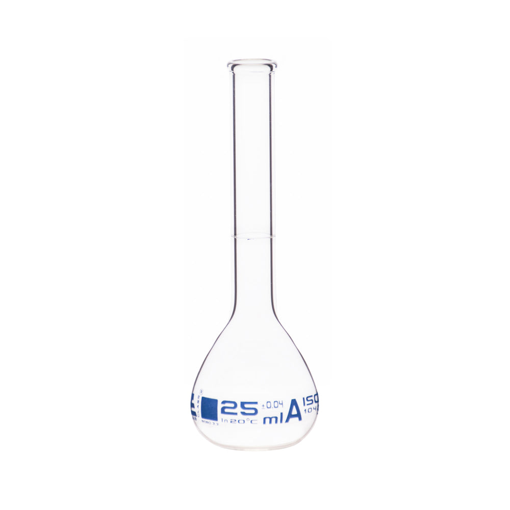 Volumetric Flask, 25ml - Class A - Borosilicate Glass - Blue Graduation, Tolerance ±0.040 - No Stopper, Beaded Rim - Eisco Labs
