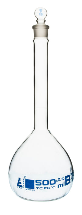 Volumetric Flask, 500ml - Class B, ASTM - Tolerance ±0.400 ml - Glass Stopper -  Single, Blue Graduation - Eisco Labs