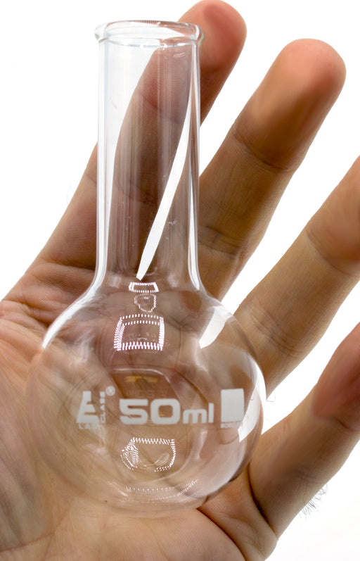 Boiling Flask, 50ml - Borosilicate Glass - Round Bottom, Narrow Neck (0.7" ID) - Eisco Labs
