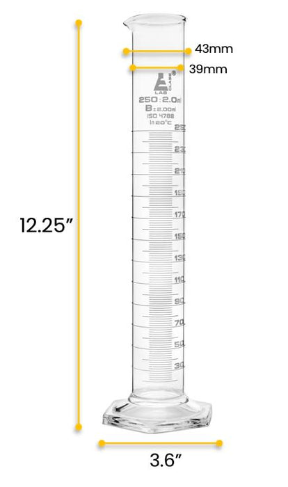 Graduated Cylinder, 250ml - Class B - White Graduations, Hexagonal Base