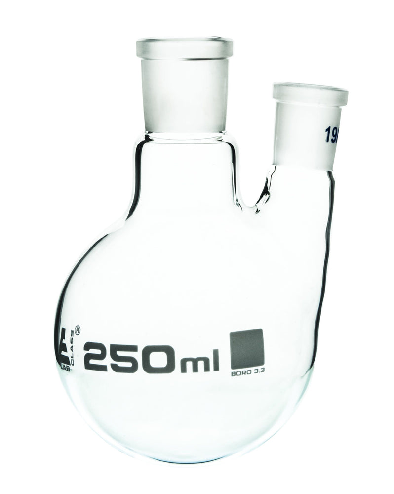Distilling Flask with 2 Parallel Necks, 250mL - Round Bottom - 24/29 Center Socket, 14/23 Side Socket - Borosilicate Glass