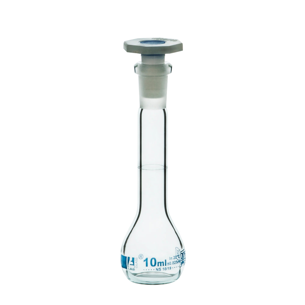 Volumetric Flask, 10ml - Class A - Polypropylene Stopper - Blue Graduation - Borosilicate Glass