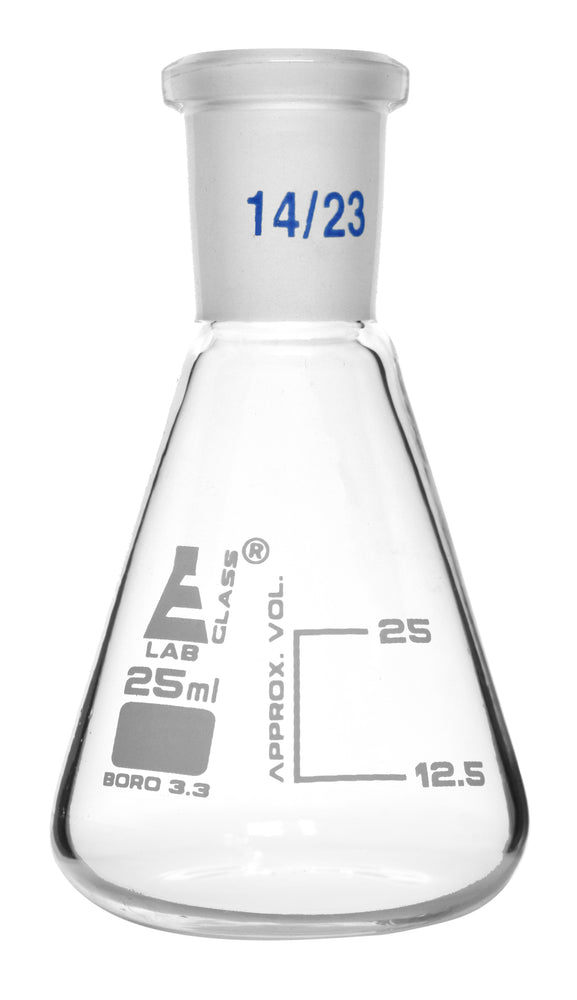 Erlenmeyer Flask, 25ml - 14/23 Joint, Interchangeable - Borosilicate Glass - Conical Shape, Narrow Neck - Eisco Labs