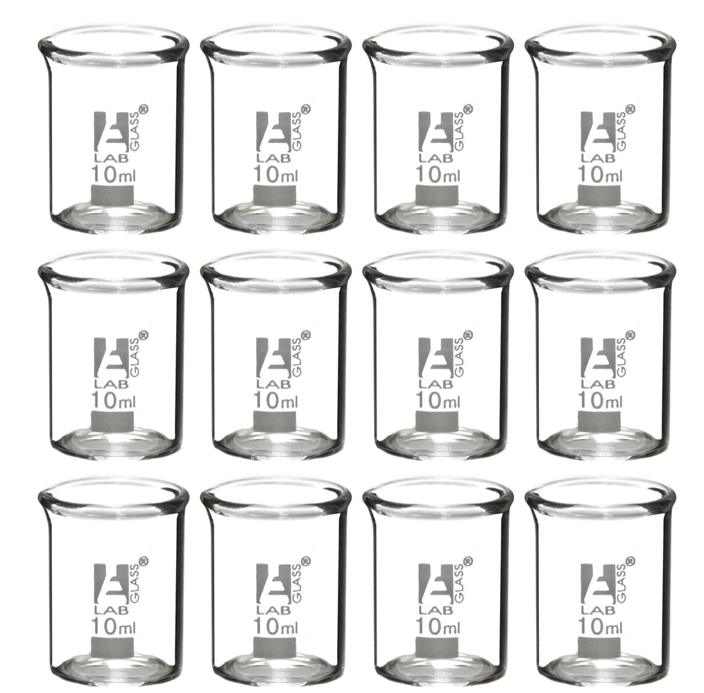 12PK Beakers, 10ml - Griffin Style, Low Form with Spout - Ungraduated - Borosilicate 3.3 Glass